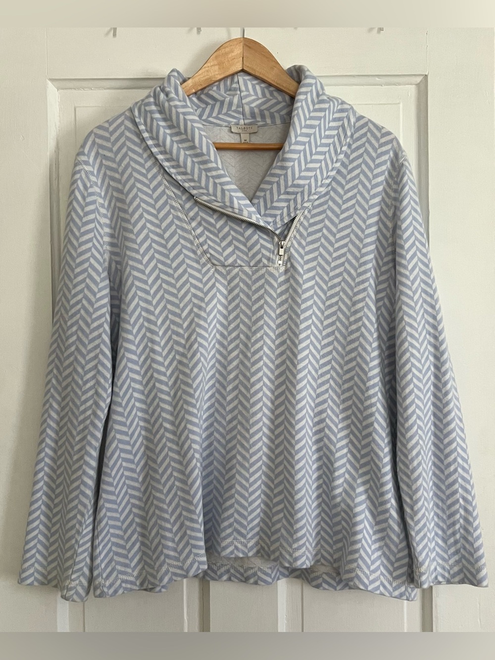 Talbots Blue Herringbone Shawl Collar Pullover Top Medium Coastal Chic